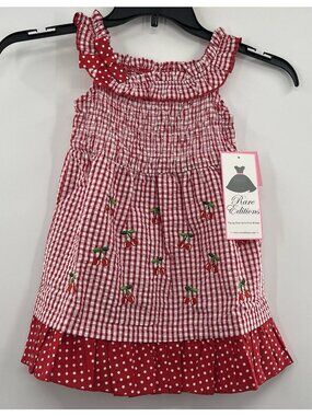 RARE EDITION Girls Size 4T Cherry Embroidered Gingham Seersucker Fit Flare Dress